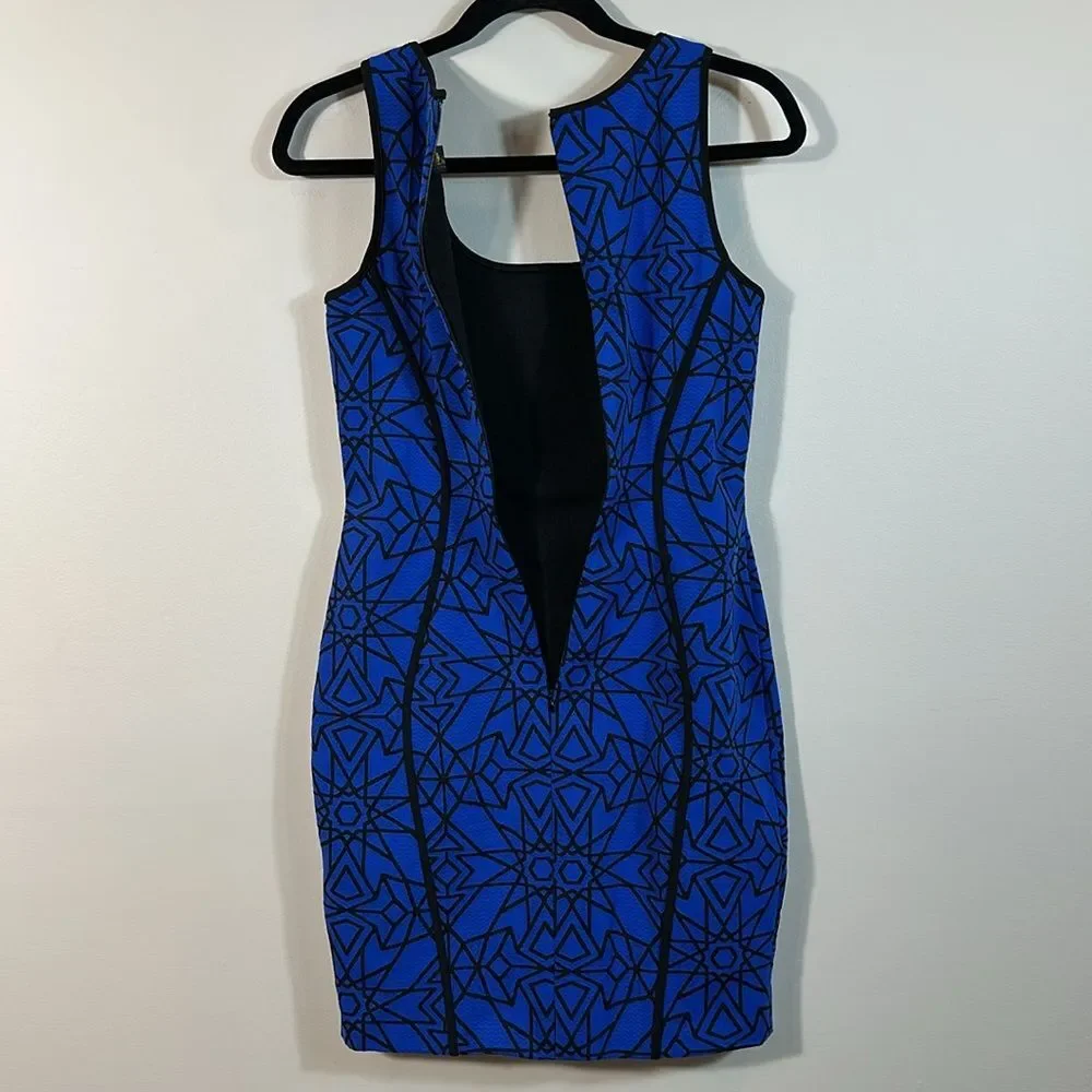 Lotus Threads New York Blue Black Geometric Stretch Bodycon Mini Dress Small